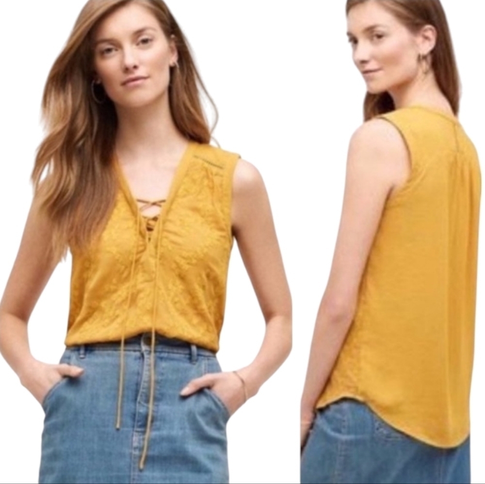 Anthropologie Maeve Goldenrod Floral Embroidered Lace Up Blouse Size 12